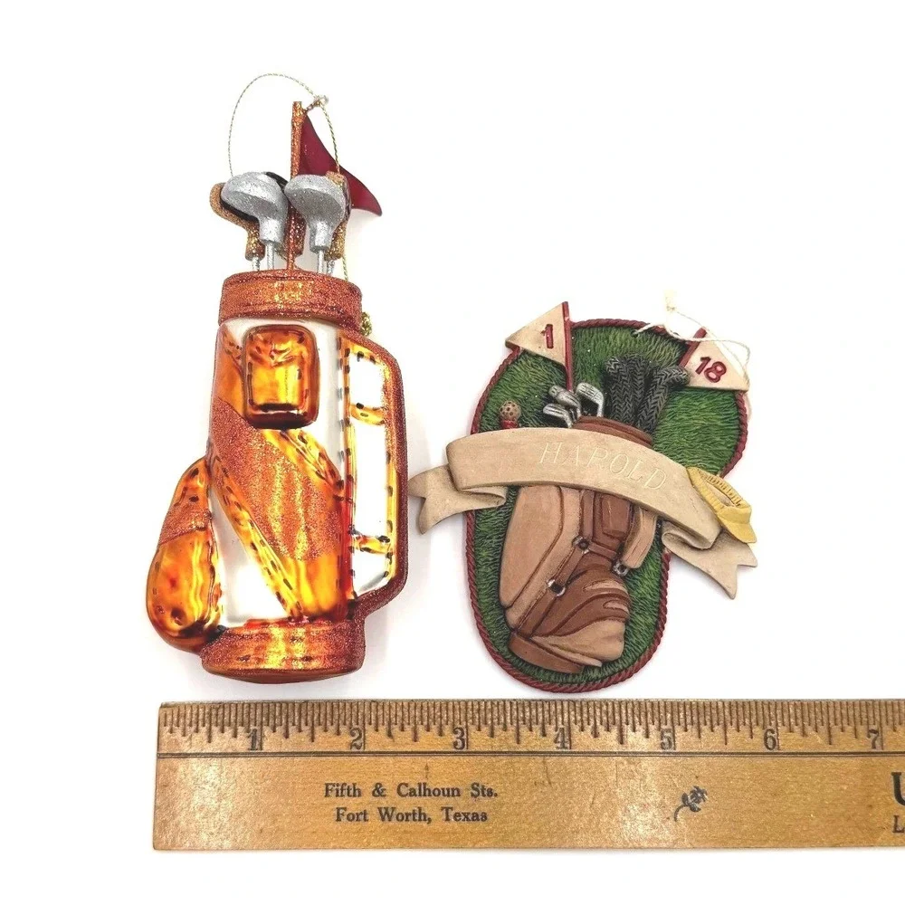 Golf Bag Christmas‎ Ornaments Set of 2 Orange Green Resin Glass